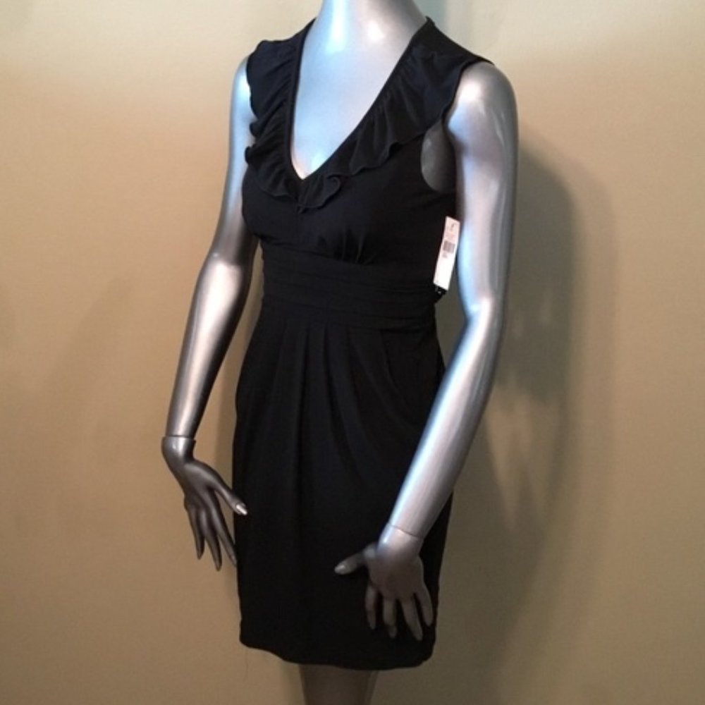 Black Dress BCX Empire Waist Ruffle Neck w Pockets Sleeveless Size Medium